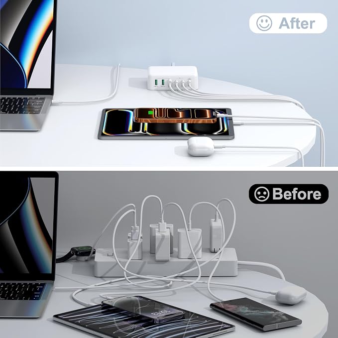 [2026 Updated] USB C Fast Charger, 150W GaN 6 Port Type C Charging Station Hub Block Cube, USB C Wall Charger Power Strip Adapter Plug for iPad iPhone 17 16 15 14 Pro Max Pixel Note Galaxy, 5ft Cord