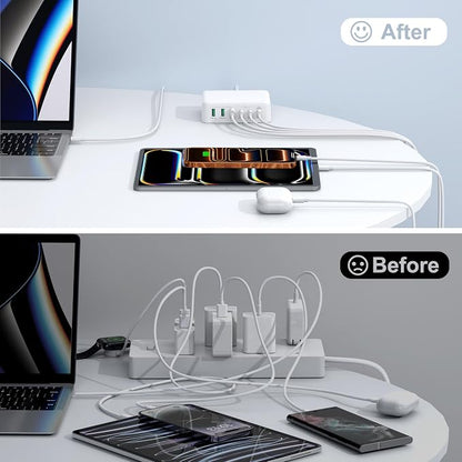 [2026 Updated] USB C Fast Charger, 150W GaN 6 Port Type C Charging Station Hub Block Cube, USB C Wall Charger Power Strip Adapter Plug for iPad iPhone 17 16 15 14 Pro Max Pixel Note Galaxy, 5ft Cord
