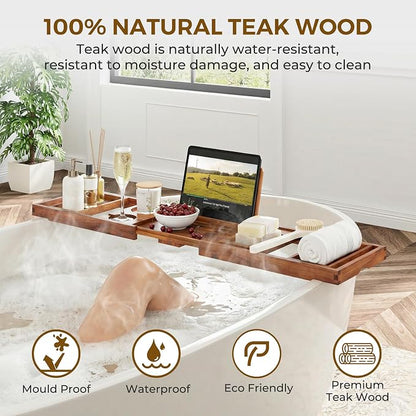 Venusmiles Teak Bathtub Tray Caddy, Foldable Bath Tray with Expandable Handles, Wine Glass and Phone Holders, Book Stand, for Home Spa Relaxation, Luxury Bathroom Accessories - Light Walnut Color