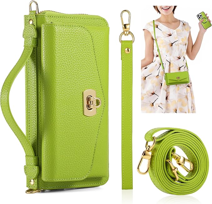 Crossbody Wallet Case for iPhone 16 Pro Max, Magnetic Detachable Floral PU Leather Phone Case with RFID Blocking Card Holder Wristlet Mirror Flip Zipper Shoulder Purse for Wome - Green