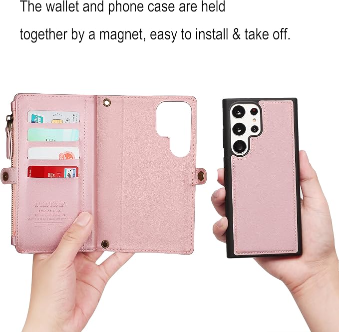 for Samsung Galaxy S25 Ultra Wallet Case for Women Men, Wireless Charging with RFID Blocking Card Holder, PU Leather Crossbody Strap Detachable Magnetic Phone Shell Purse, Pink