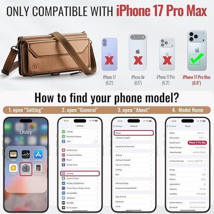 Strapurs Wallet Case Compatible with iPhone 17 Pro Max 6.9" RFID Blocking 10-Card Holder Soft PU Leather Magnetic Snap Shoulder Strap Zipper Pocket Phone Case Fit for iPhone 17 Pro Max - Brown