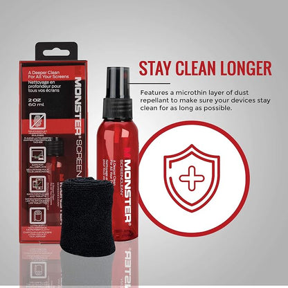 Monster Screen Cleaner Kit, 60 mL, Microfiber Cloth, for HDTVs, Tablets, Laptops, Smartphones, Eyeglasses