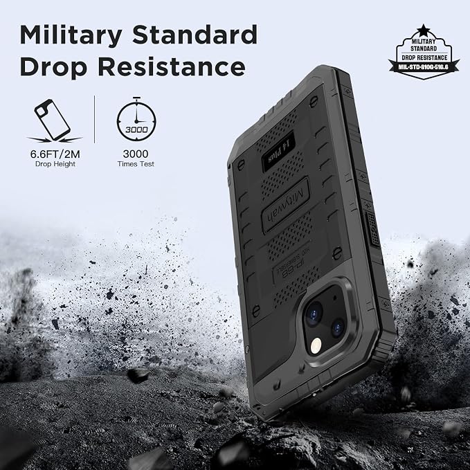 Mitywah Waterproof Case for iPhone 14 Plus, Heavy Duty Shockproof Case with Built-in Screen Protector, Full Body Underwater Protective Metal Case 6.7 inch, Black