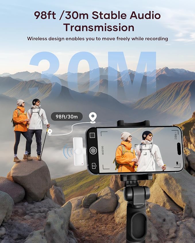 Wireless Microphone for iPhone iPad and Android Phone, 2 Pack Wireless Lavalier Lapel Mic with Noise Reduction, Plug and Play Mini Microphone for Video Recording Interview YouTube TikTok Vlog (White)