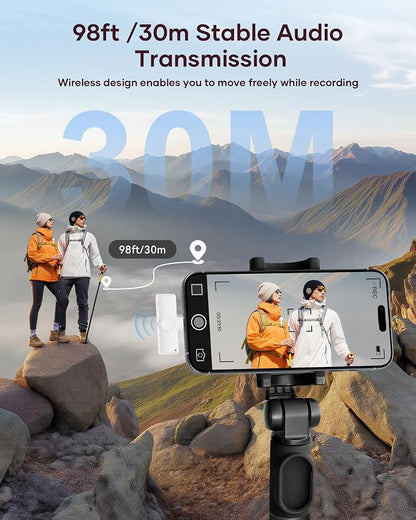 Wireless Microphone for iPhone iPad and Android Phone, 2 Pack Wireless Lavalier Lapel Mic with Noise Reduction, Plug and Play Mini Microphone for Video Recording Interview YouTube TikTok Vlog (White)