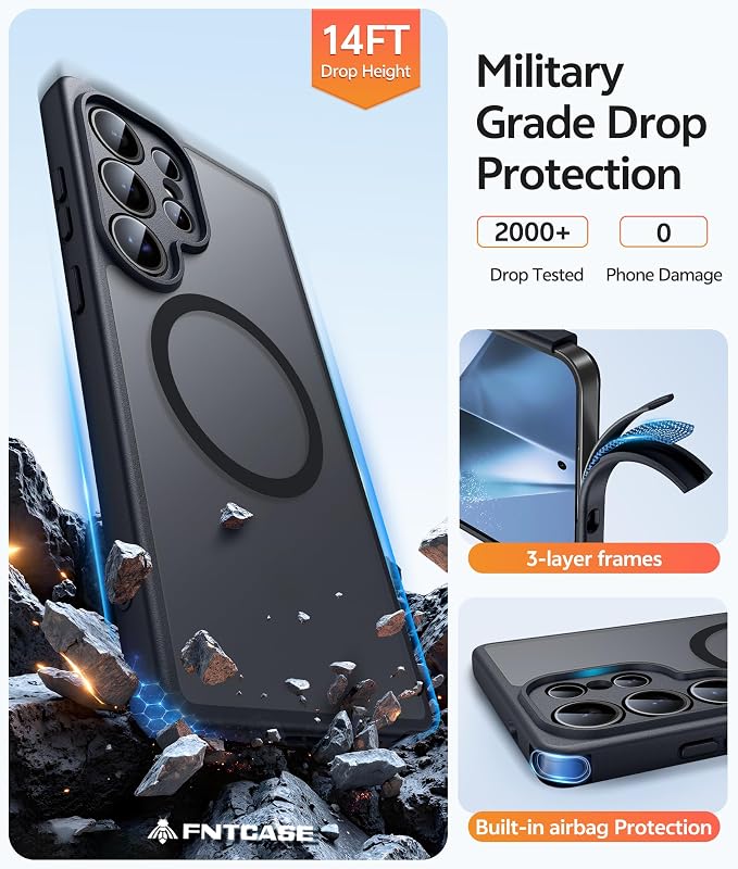 FNTCASE for Samsung Galaxy S24 Ultra Case, Compatible with Magsafe Black | Screen Protector, Full Camera Protection, Translucent Matte, 14FT Military Grade Drop Proof, Protective Phone Cover