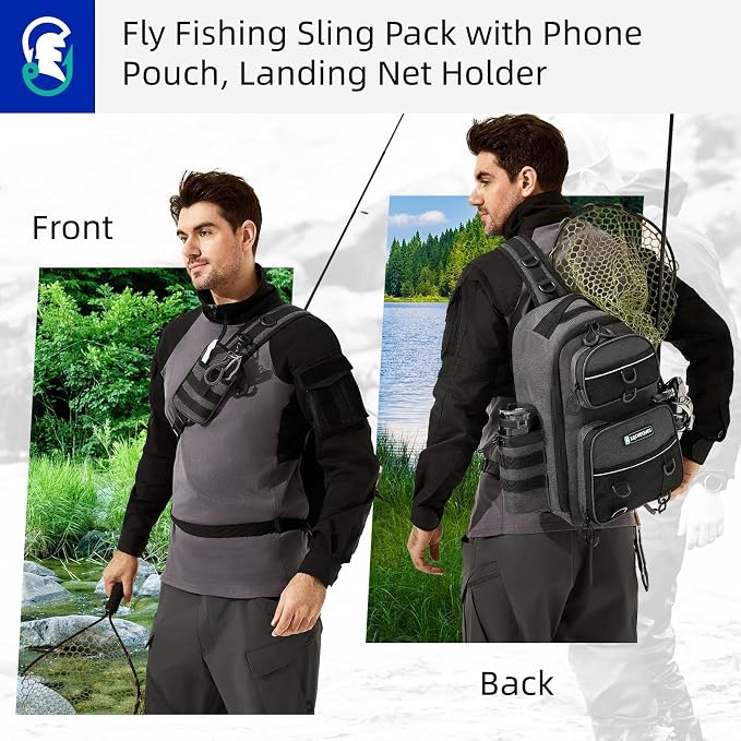 22L Fly Fishing Sling Bag - Fits 3x 3700 Tackle Boxes, 12 D-Rings, Rod Holster, Water Bottle Holder, Phone Pocket (Grey)