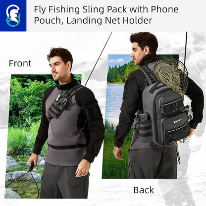 22L Fly Fishing Sling Bag - Fits 3x 3700 Tackle Boxes, 12 D-Rings, Rod Holster, Water Bottle Holder, Phone Pocket (Grey)