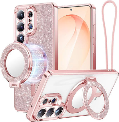 Meifigno Magnetic Case for Samsung Galaxy S26 Ultra 6.9" + Removable Phone Grip Kit, [Phone Ring Holder with Built-in Mirror] [Compatible with MagSafe] [Glitter Card & Wrist Strap], Rose Gold
