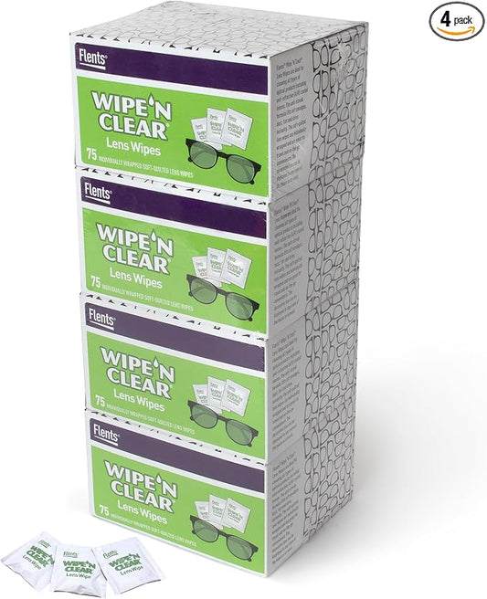 Flents Wipe 'N Clear Lens Cleaning Wipes, Pre-Moistened, Gentle Cleaning, AntiStreak, Fast Drying, 4 Portable Boxes Of 75, 300 Count, Individually Wrapped for Travel & Convenience, Made in the USA