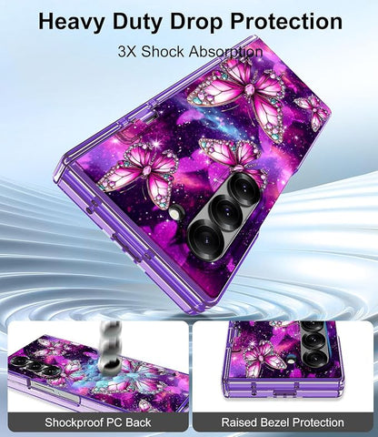 Btscase for Samsung Galaxy Z Fold 6 Case,Built in Front Screen Protector,Gold Glitter Marble Pattern Hard PC Slim Shockproof Full Body Drop Protective Case for Galaxy Z Fold 6 5G, Dreamy Purple