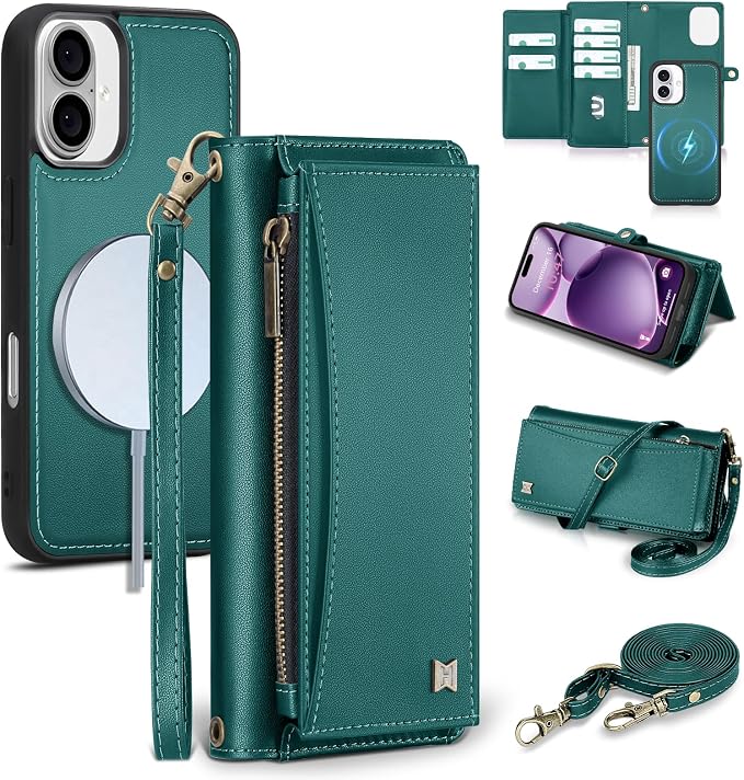 Wallet Case for iPhone 16 Plus with Card Holder/Crossbody Wallet/Strap| RFID Blocking | Magnetic | Kickstand | Detachable | PU Leather Phone Case for iPhone 16 Plus,6.7 in,Green