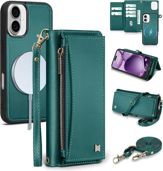 Wallet Case for iPhone 16 Plus with Card Holder/Crossbody Wallet/Strap| RFID Blocking | Magnetic | Kickstand | Detachable | PU Leather Phone Case for iPhone 16 Plus,6.7 in,Green