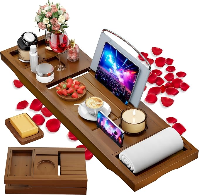 Foldable Bathtub Caddy Tray, Bamboo Bath Tub Tray Table for Tub with Wine Glass Holder Book Phone Tablet Holder with Extending Sides, Adjustable Bathroom Bathtub Free Soap Holder Gift Idea (Walnut)