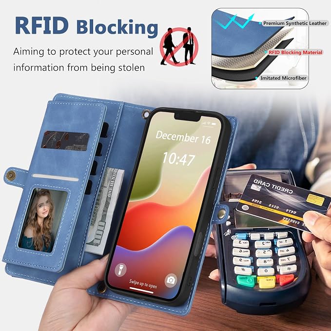 Wallet Case for iPhone 14 Plus with Card Holder/Crossbody Wallet/Strap| RFID Blocking | Magnetic | Kickstand | Detachable | PU Leather Phone Case for iPhone 14 Plus,6.7 in,Sky Blue