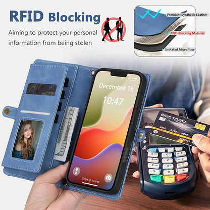 Wallet Case for iPhone 14 Plus with Card Holder/Crossbody Wallet/Strap| RFID Blocking | Magnetic | Kickstand | Detachable | PU Leather Phone Case for iPhone 14 Plus,6.7 in,Sky Blue