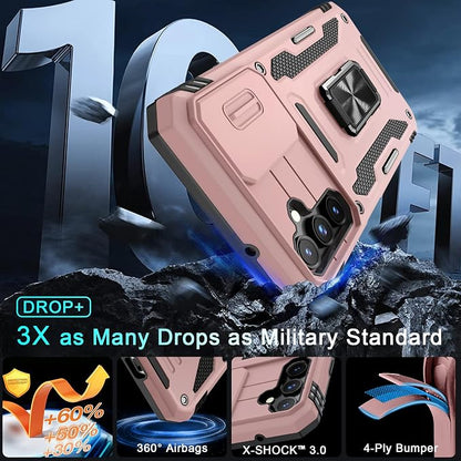 DEERLAMN Case for Samsung Galaxy S23 FE 6.4-Inch with Slide Camera Cover+Screen Protector(1 Pack),Rotated Ring Kickstand Military Grade Shockproof Protective Cover-Rose Gold