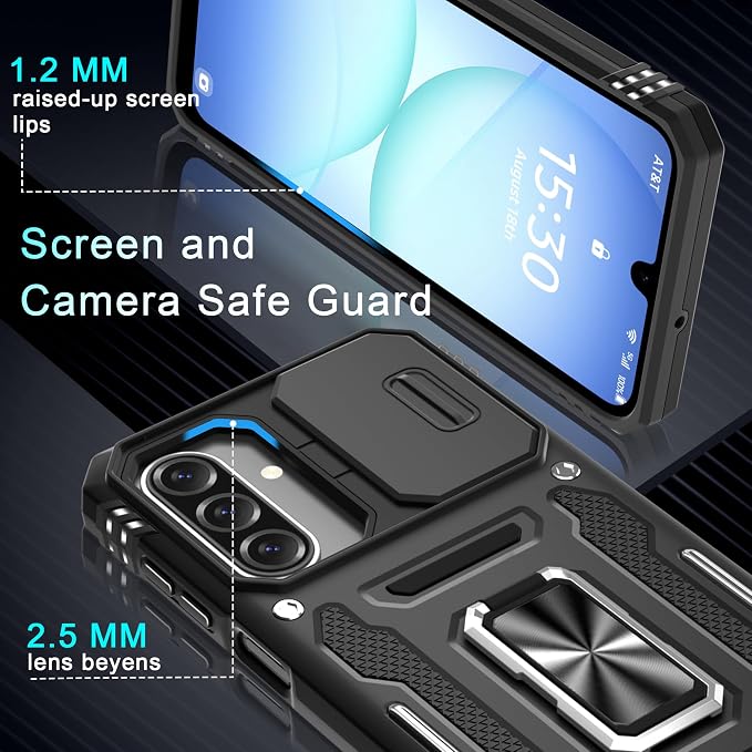 DEERLAMN Case for Samsung Galaxy A17 5G with Slide Camera Cover+Screen Protector (1 Pack), Rotated Ring Kickstand Military Grade Shockproof Protective Cover-Black