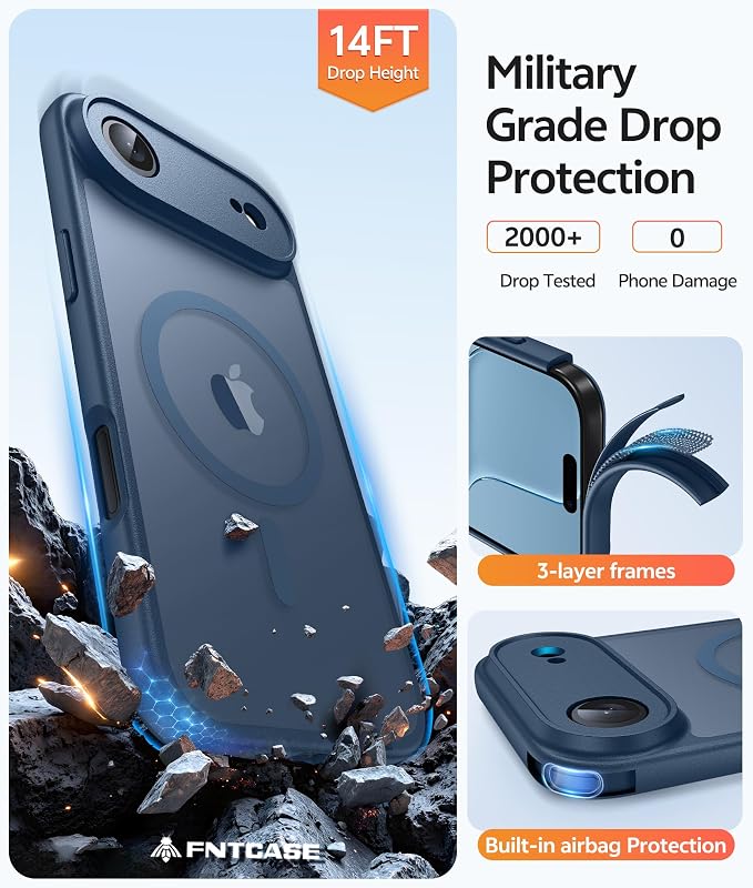 FNTCASE for iPhone Air Case: [Compatible with Magsafe] Translucent Matte Cases with [Full Camera Protection] [Screen Protector] Military Grade Shockproof Protective Phone Cover - Blue