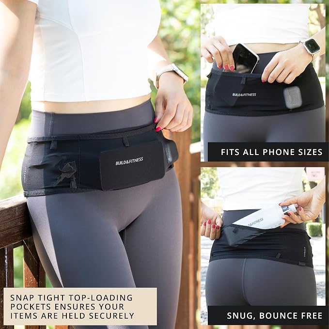 Build & Fitness LiteBelt Running Belt – 4 Quick Top-Access Pockets –Flip Waist Pack, Running Phone Holder – Fits All Size Phones, Keys, Cards, Earpods, GUs – for Men and Women (Black, L)