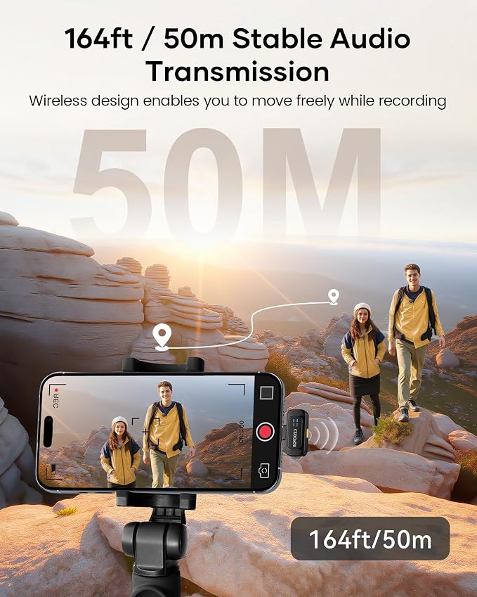 Wireless Lavalier Microphone for iPhone iPad Android with Charging Case,Lapel Mic with Noise Reduction,56H Battery Life, 164ft Range,Mini Microphone for Video Recording,YouTube,Vlog,Live Streaming