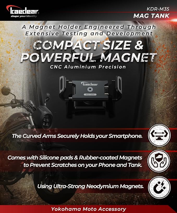 Kaedear Motorcycle Magnetic Phone Holder, Strong Neodymium Magnet, Aluminum, Stainless Steel Extension Arms, 360° Rotation, Scratch Protection, Mag Tank KDR-M35