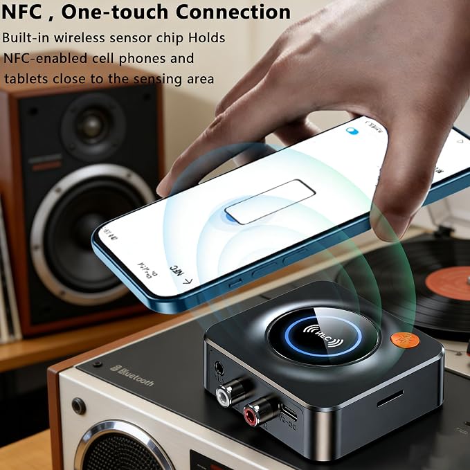 Bluetooth Receiver for Home Stereo, NFC Quick Pair,3.5mm AUX/RCA,TF Card Slot,Wireless Bluetooth Audio Adapter Low Latency for Home Music Streaming Stereo System