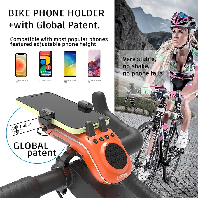 UPPEL Bluetooth Speaker Bicycle, Multifunctional Bike Phone Holder 10-in-1- LED Light - Bike Horn - Microphone - Ideal for Road & Mountain Bike - Extreme & Casual Cycling-Orange
