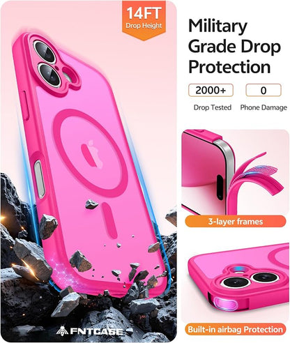 FNTCASE for iPhone 17 Case: [Compatible with Magsafe] Translucent Matte Cases with [Full Camera Protection] [Screen Protector] Military Grade Shockproof Protective Phone Cover - Hot Pink