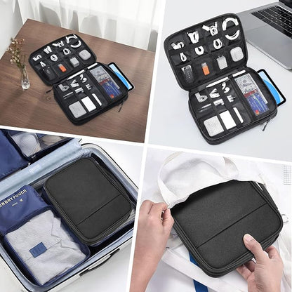 Dadanism Electronics Travel Organizer Case, Double Layers Cord Organizer | Travel All-in-One Storage Bag for Cable, Cord, iPad, Chargers, fits 9-11'' Tablets, Portable Tech Accessories Bag, Black