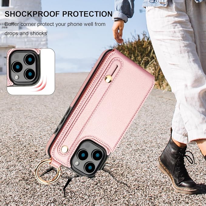 Folosu for iPhone 16 Pro Max Wallet Case with Card Holder, Hand Wrist Strap Loop Holder Kickstand, RFID Blocking Finger Grip Ring PU Leather Double Buttons Shockproof Cover 6.9" Rose Gold