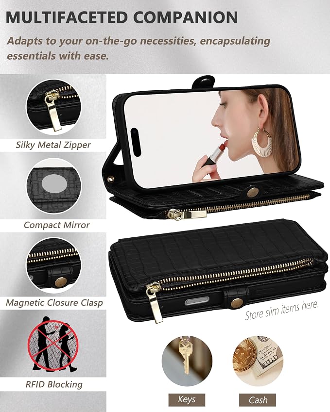 Crossbody Wallet Case for iPhone 17 Pro Max with Mirror, Wrist Strap, Zipper Purse Magnetic Flip, RFID Blocking Card Holder, Wireless Charging, PU Leather Shockproof 6.9" Women (Black)