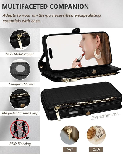 Crossbody Wallet Case for iPhone 17 Pro Max with Mirror, Wrist Strap, Zipper Purse Magnetic Flip, RFID Blocking Card Holder, Wireless Charging, PU Leather Shockproof 6.9" Women (Black)