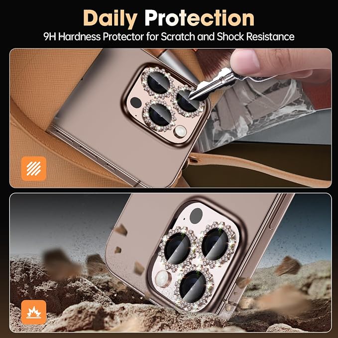 Xfilm for iPhone 16 Pro/16 Pro Max Camera Lens Protector Bling Individual Gear Design Diamond Ring 9H Hardness Scratchproof Protector, Stylish Phone Accessories, Case Friendly (Titanium Desert)