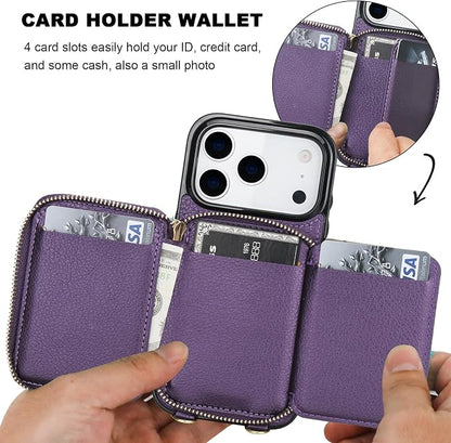 Bocasal Crossbody Wallet Case for iPhone 17 Pro, RFID Blocking PU Leather Zipper Handbag Purse Flip Cover, Kickstand Folio Case with Card Slots Holder Wrist Strap Lanyard 5G 6.3 Inch (Dark Purple)