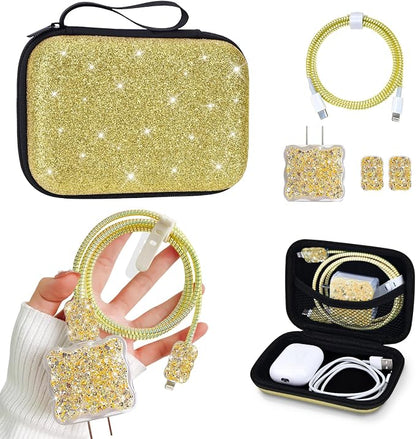 Glitter Phone Charger Storage Case Cover Set, Cute Bling Electronic Organizer with Cable Protector for iPhone, Soft Cable Saver Cord Organizer, Charger Case (Yellow)
