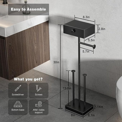 VOLDRA Toilet Paper Holder Stand with Shelf, Free Standing Black Toilet Paper Roll Holder with Wipes Storage Drawer Heavy Duty Floor Bathroom Tissue Holder Freestanding No Drill Tp Holder for 7 Rolls