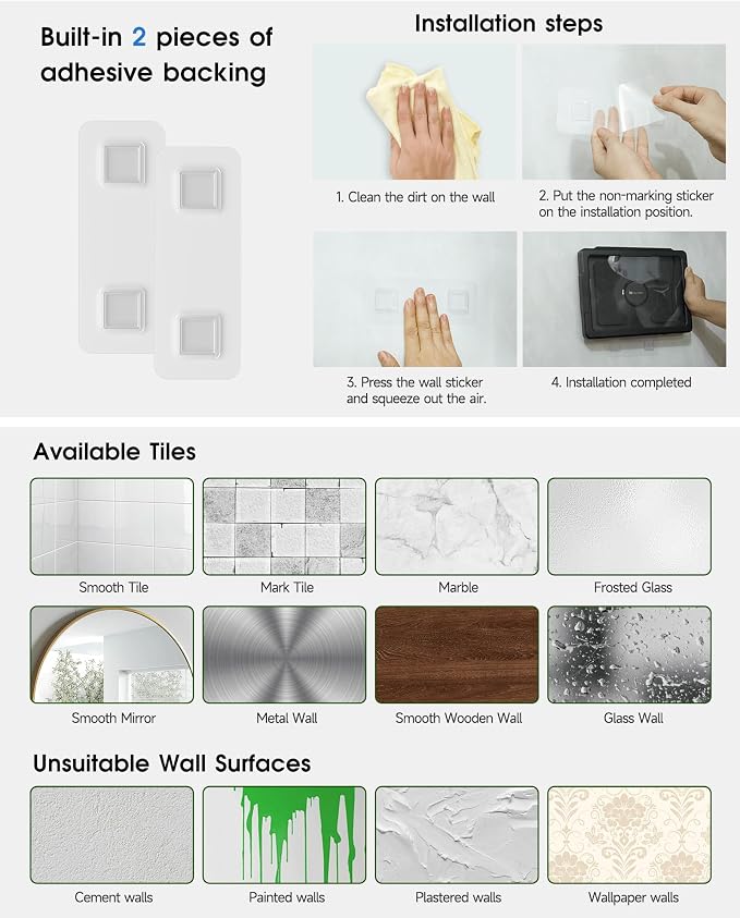 Mistriddle Shower iPad Holder Waterproof with 480° Rotation Retractable Adjustable, Wall Mount Up to 11", Shower Tablet Holder for Bathroom Bathtub, 2 Adhesive, Fit for iPad, iPad Pro 11 (Black)