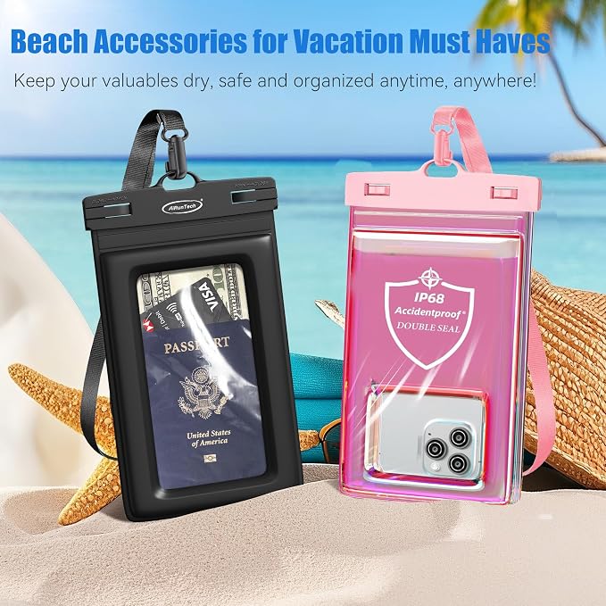 AiRunTech XL Waterproof Phone Pouch,Double Seal Floating Phone Case for Swimming Kayak Paddle Board,Protector iPhone 17 16 15 14 13, River Lake Canoe Boating Beach Accessories(Iridescent Pink+Black)