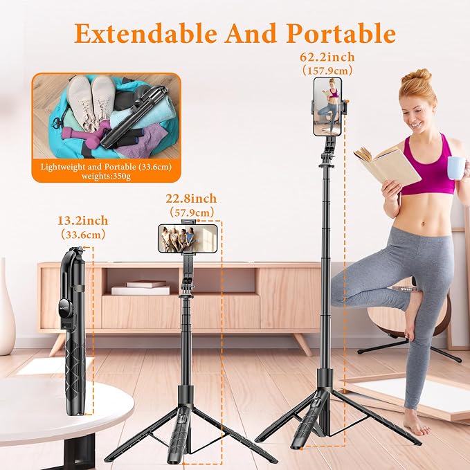 62" Aluminum Alloy Selfie Stick Phone Tripod with Wireless Remote Compatible with iPhone 17 16 15 14 13 pro Xs Max Xr X, Android/Samsung Smartphone Expandable for Travel Selfies Video Recording Vlog