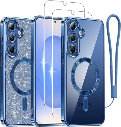 Meifigno Case Designed for Samsung Galaxy S25 6.2 inch, [Compatible with MagSafe] [2X HD Screen Protectors] [Glitter Card & Wrist Strap] Full Lens Protection Case for Galaxy S25, Navy