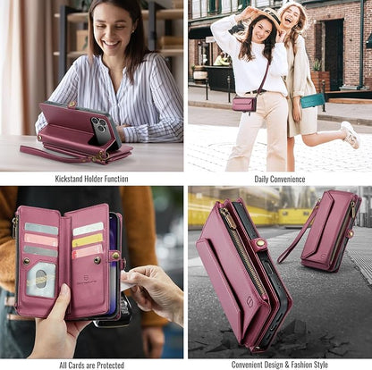 Strapurs Wallet Case Compatible with iPhone 17 Pro 6.3" RFID Blocking 9-Card Holder Soft PU Leather Magnetic Snap Shoulder Strap Zipper Pocket Phone Case Fit for iPhone 17 Pro for Women - WineRed