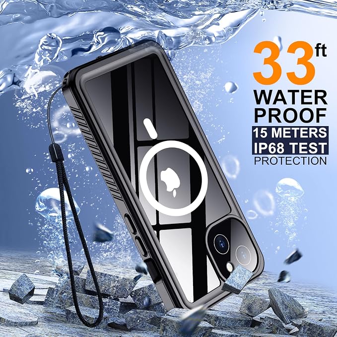 Temdan Magnetic for iPhone 13 Case Waterproof, Built-in Screen Protector[IP68 Underwater][Compatible with MagSafe][Full Body Shockproof][Military Dropproof] Protective Case for iPhone 13-Black/Clear