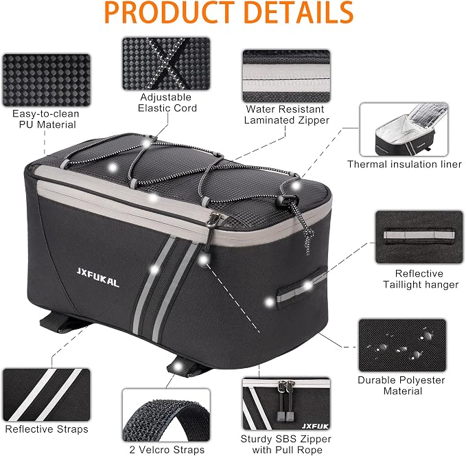 JXFUKAL Rear Bike Rack Bag with Rain Cover, 7L/9L/10L/12L Waterproof Bicycle Ebike Saddle Bag Cycling Pannier Trunk Carrier with Reflector & Adjustable Cord for Commuter Travel Outdoor