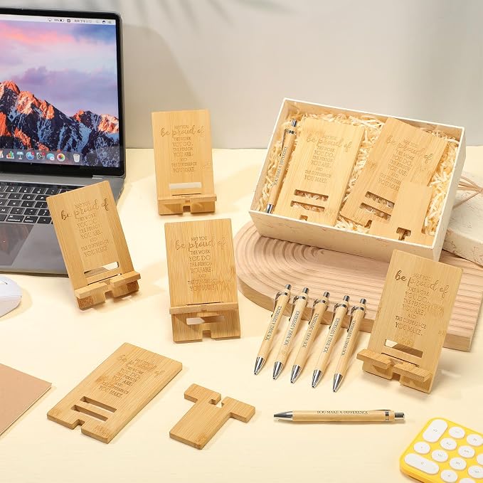 Ripeng 30 Sets Employee Appreciation Gifts Bulk Bamboo Phone Stands with Ballpoint Pens for Desk Office Workers Thank You Gift for Team Coworkers Staff Volunteer Nurse Teacher Colleagues