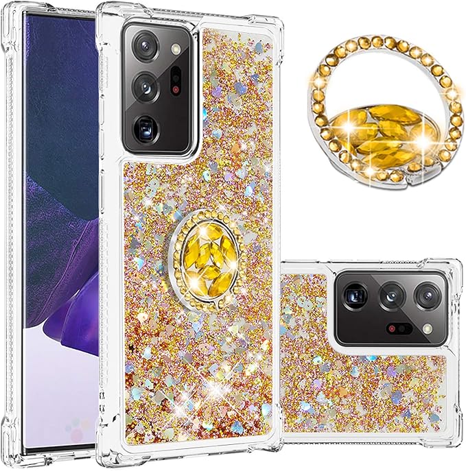 Silicone Phone Case for Galaxy Note 20 Ultra Glitter Back Case, Bling Liquid Case Bumper Cover with Ring Holder Transparent Protective Shell Anti Yellowing compatible with Samsung Galaxy Note 20 Ultra