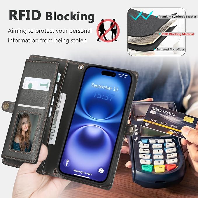 Wallet Case for iPhone 16 with Card Holder/Crossbody Wallet/Strap| RFID Blocking | Magnetic | Kickstand | Detachable | PU Leather Phone Case for iPhone 16,6.1 in,Black