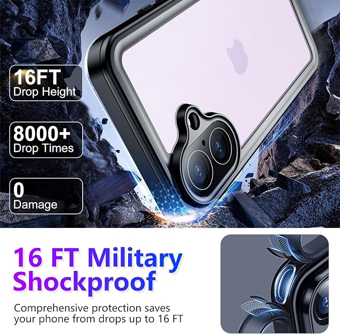Temdan Compatible with iPhone 17 Case,Waterproof Built-in Screen & Camera Protector IP68 Underwater Full Body 17FT Military Dropproof Shockproof Phone Case 6.3"-Purple/Clear