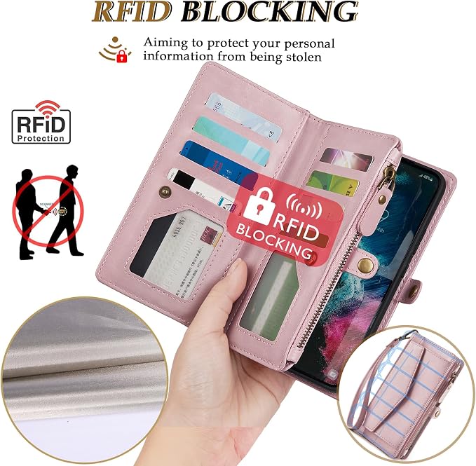 Compatible with iPhone 17 Pro 6.3" Wallet Case with RFID Blocking Card Holder for Women, PU Leather Flip Zipper Wallet Detachable Magnetic Phone Case Crossbody Strap, Pink